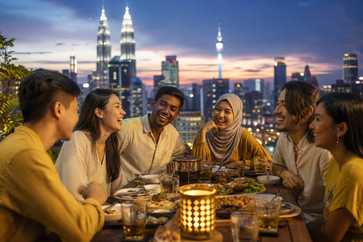 Friends laughing around a rooftop table at dusk with city lights behind