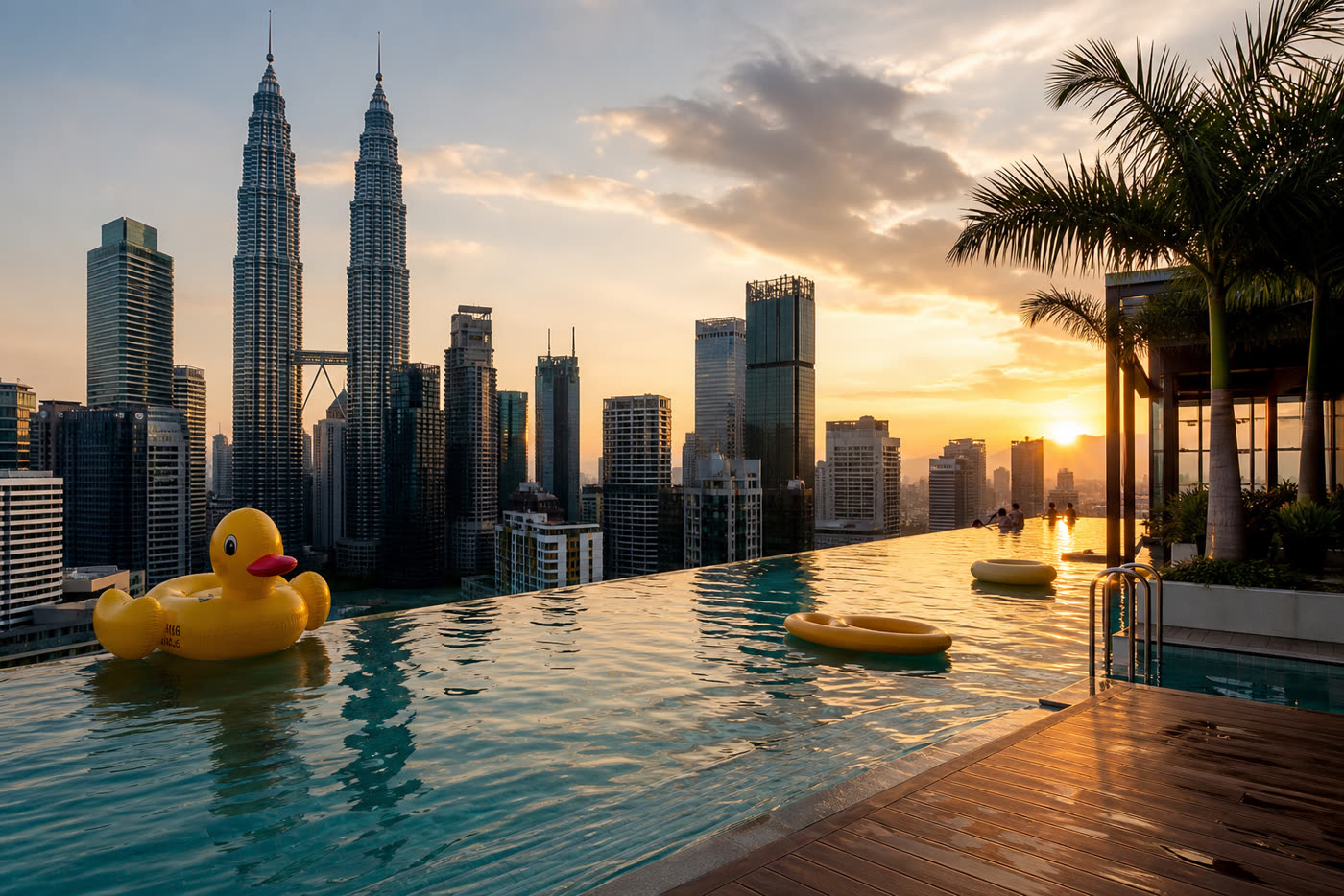 Rooftop infinity pool at golden hour overlooking the Kuala Lumpur skyline