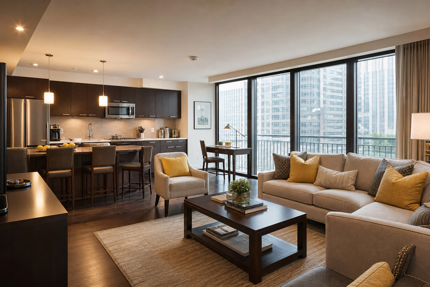 A Mana Mana suite living room with kitchen, espresso wood and yellow accents